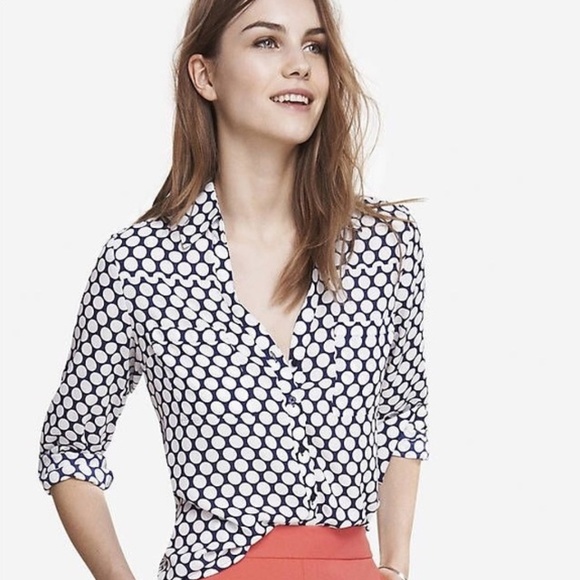 Express Tops - Express Blue & White Polka Dot Button Down Blouse